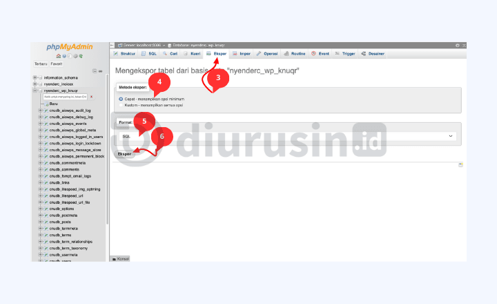Pilih tab ekspor - pilih metode - Format dan ekspor